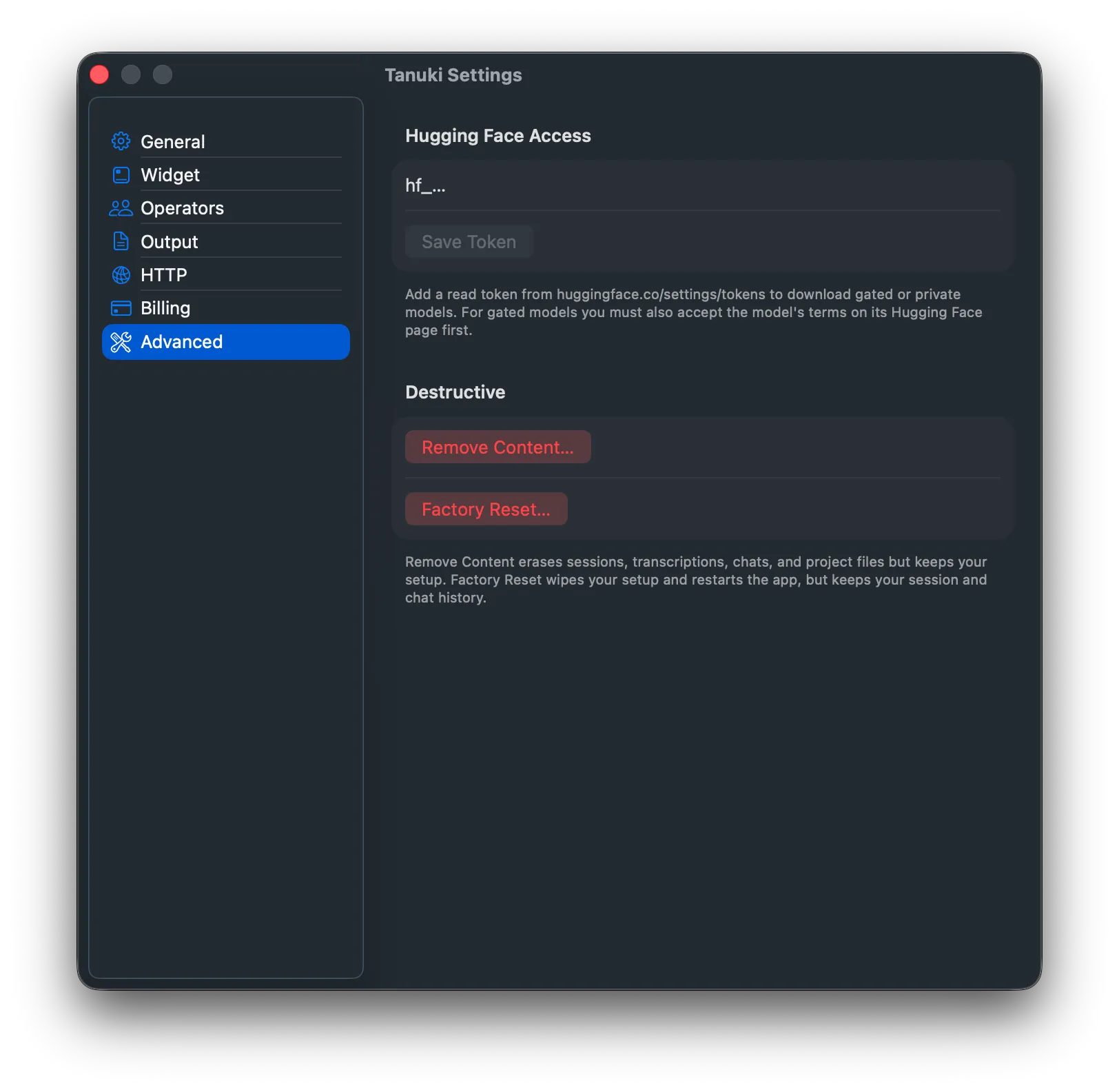 Advanced tab opened in the Tanuki Config section of the app