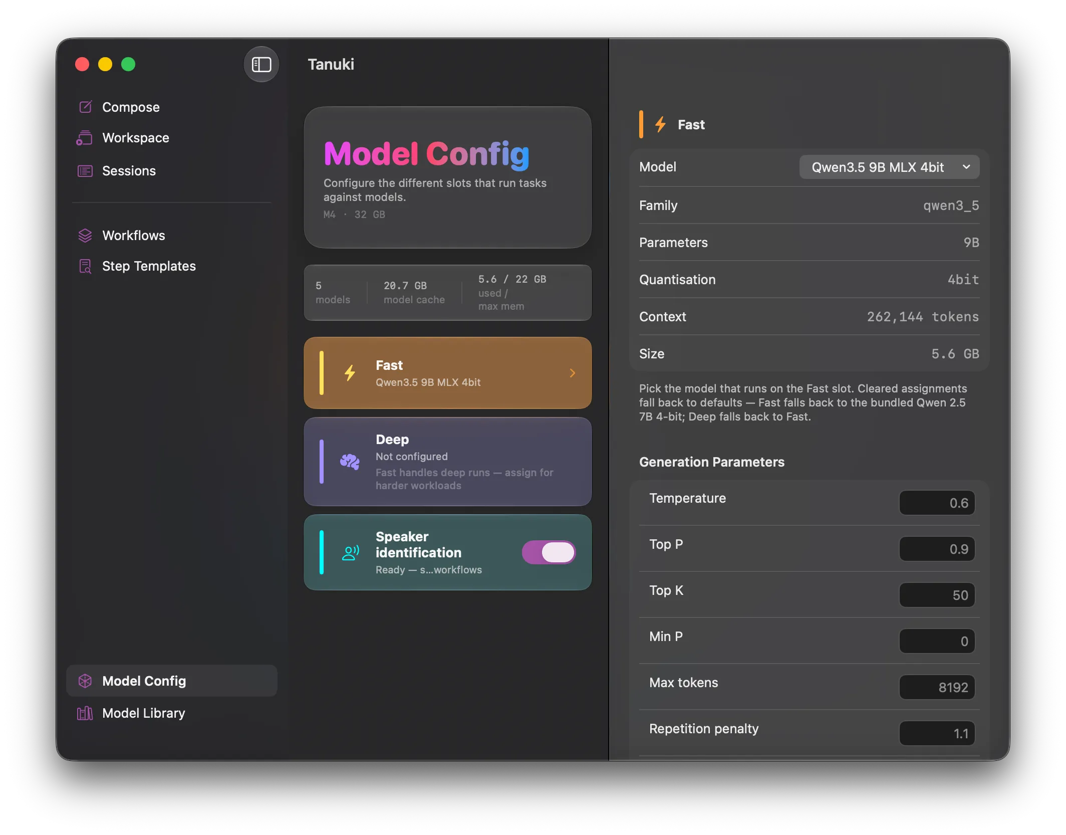 Model Config view opened in the desktop Tanuki app