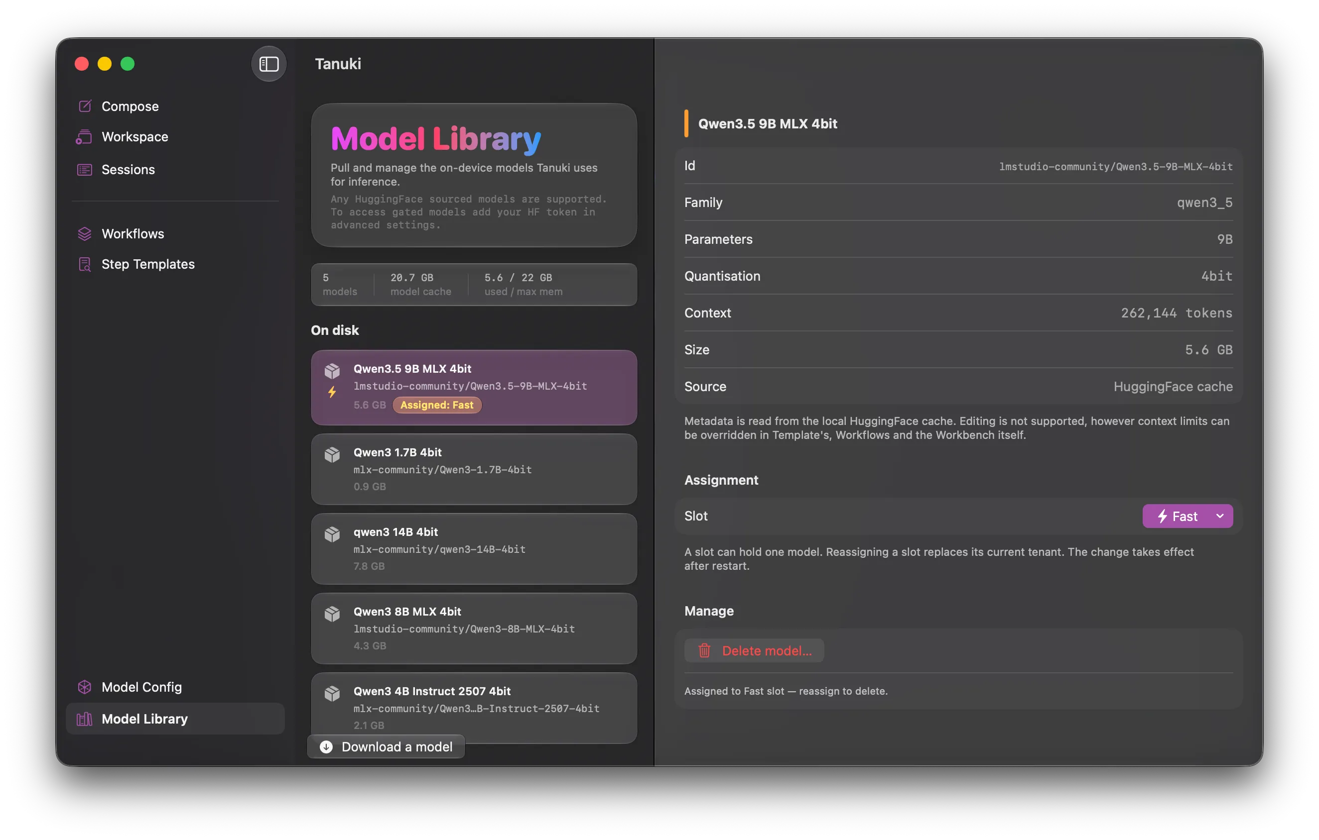 Model Library view opened in the desktop Tanuki app