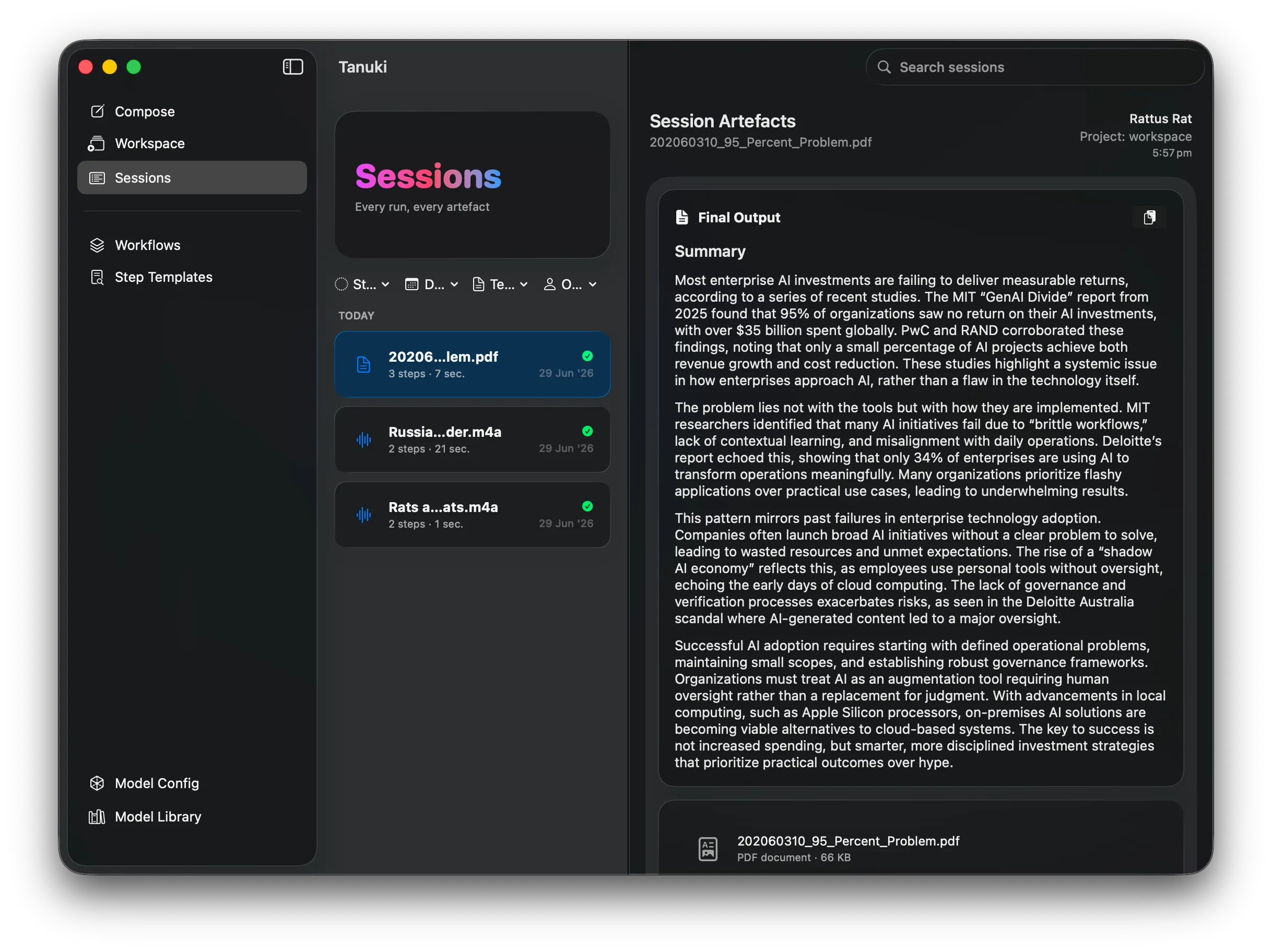 Sessions view opened in the desktop Tanuki app
