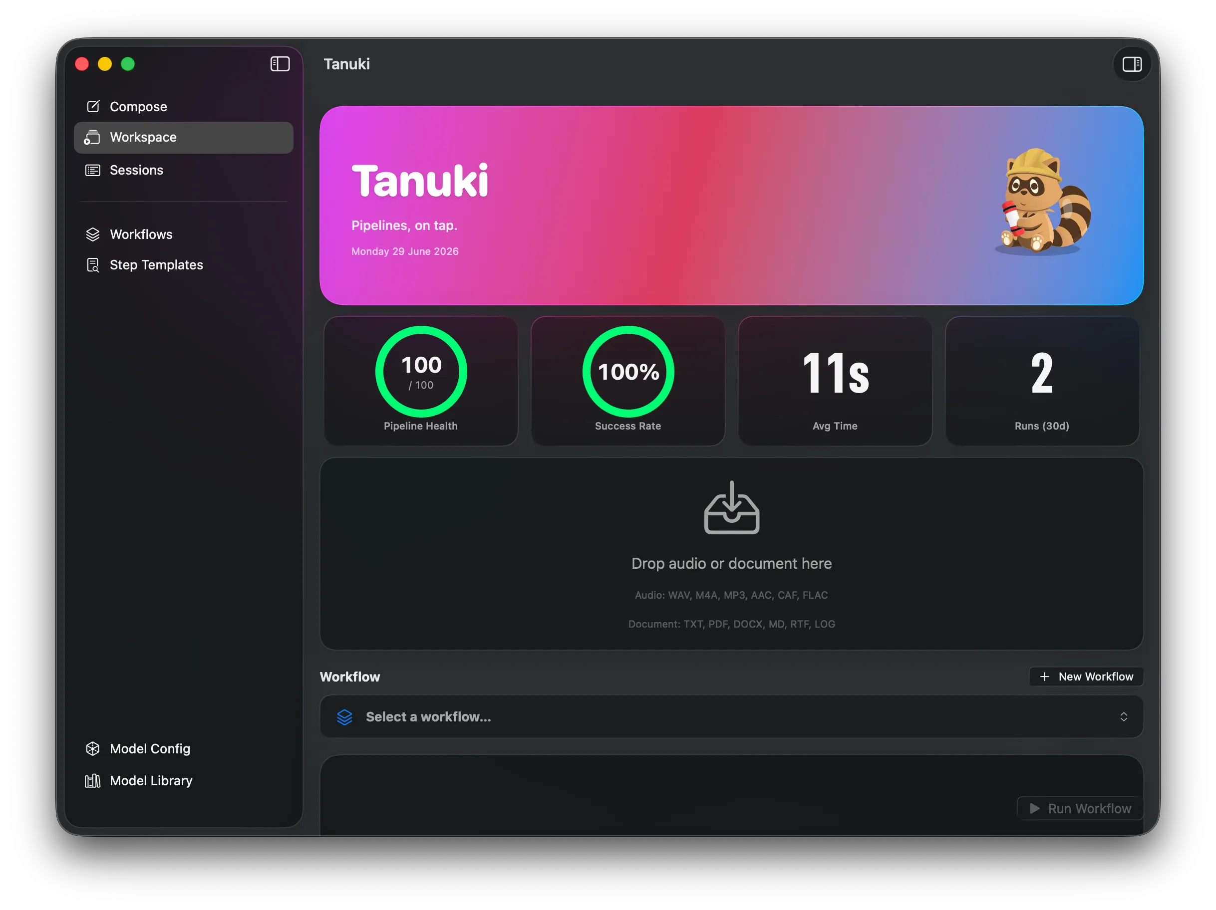 Tanuki Main Page, ready to process a workflow