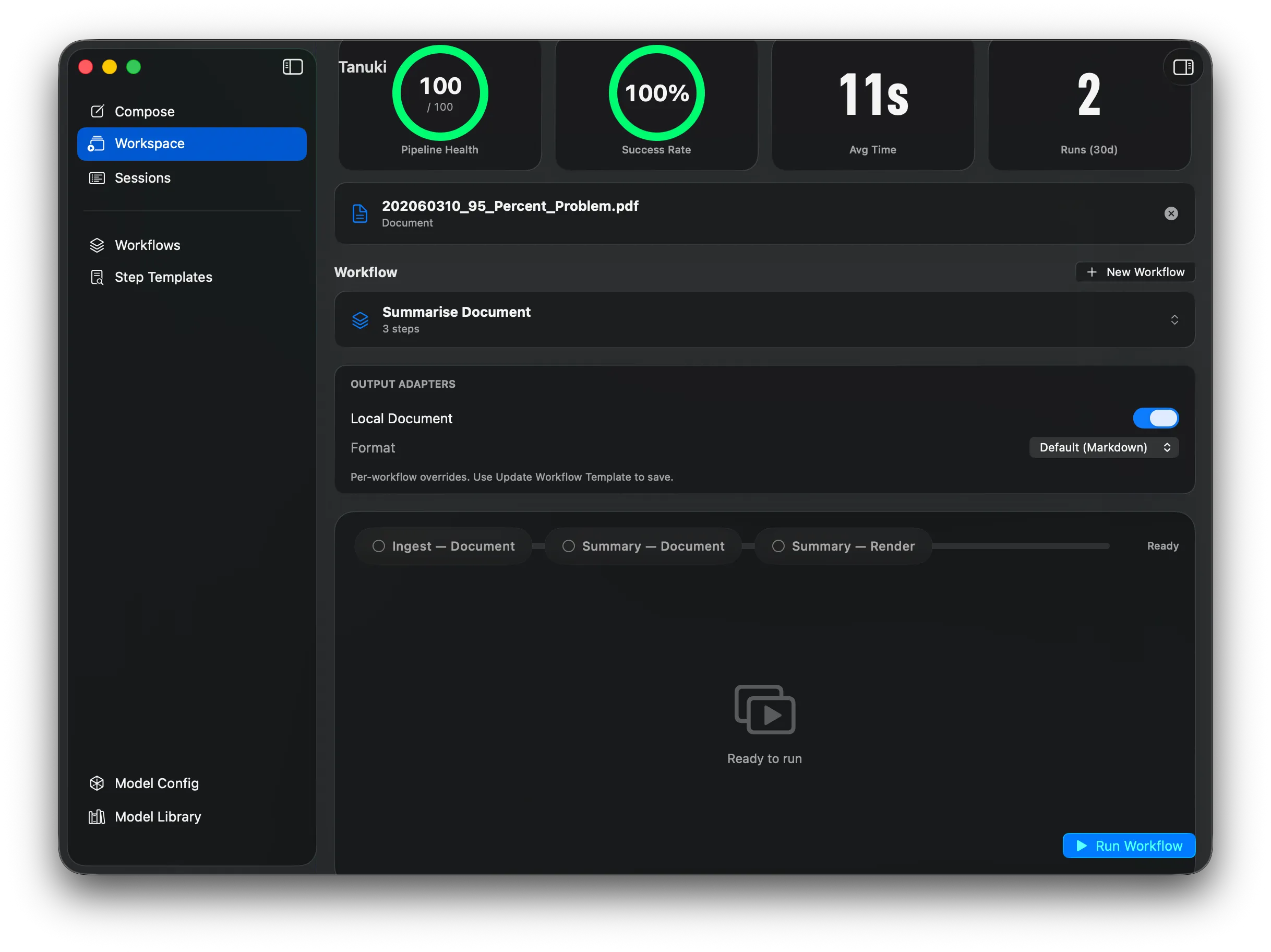 Tanuki Workspace, ready to run workflow